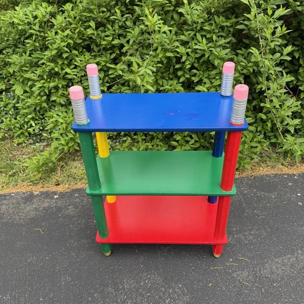 Vintage Primary Colorful Pencil Free Standing 3 Shelf Classroom Book Kids Play